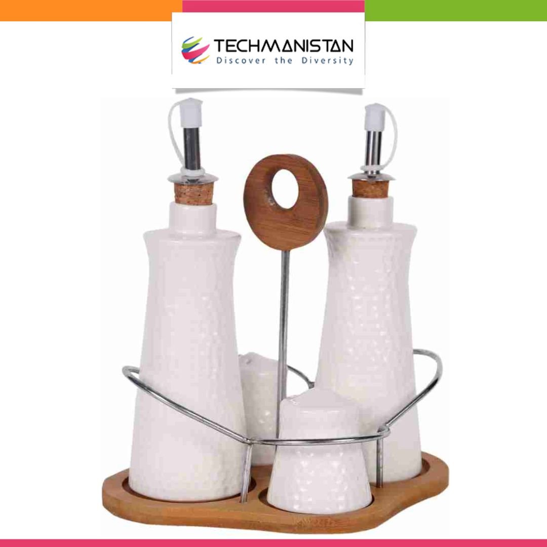 Set of 4 - Condiment Set with Wooden Base