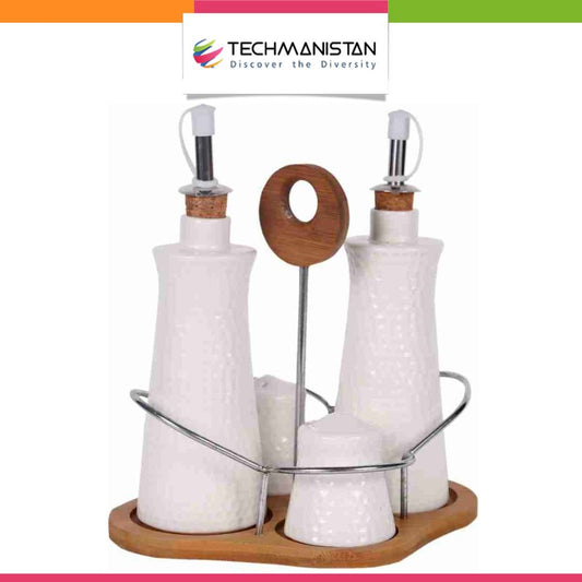 Set of 4 - Condiment Set with Wooden Base
