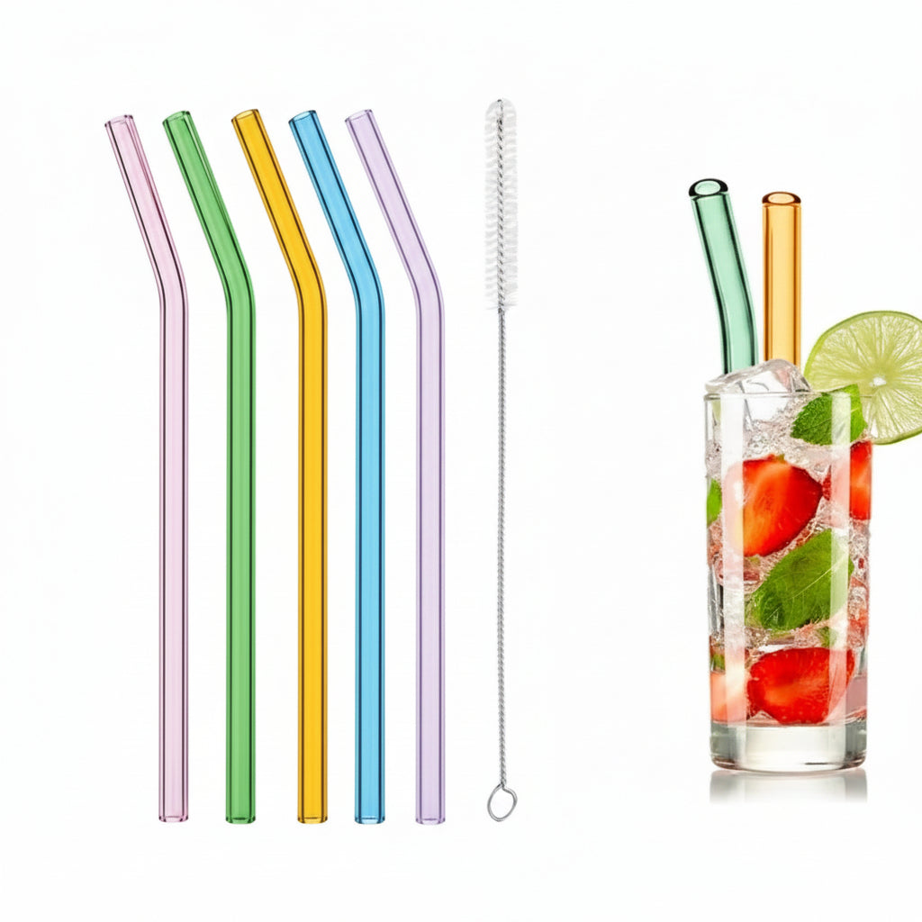 Set of 6 - Reusable Glass Straws With Cleaning Brush