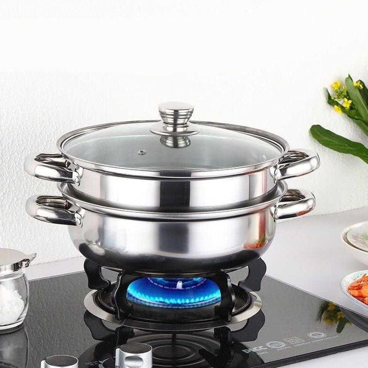 Stainless Steel 2 Layers Steamer Pot With Glass Lid