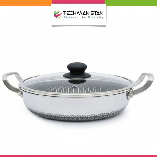 Flat Bottom Double Sided Laser Coated Honeycomb Layer Frying Pan With Lid & Dual Handle