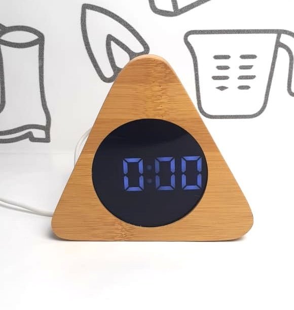 Wooden Digital Triangular Shape Desk Clock, Alarm Clock, LED Desktop Clock, Thermometer, Calendar, Date
